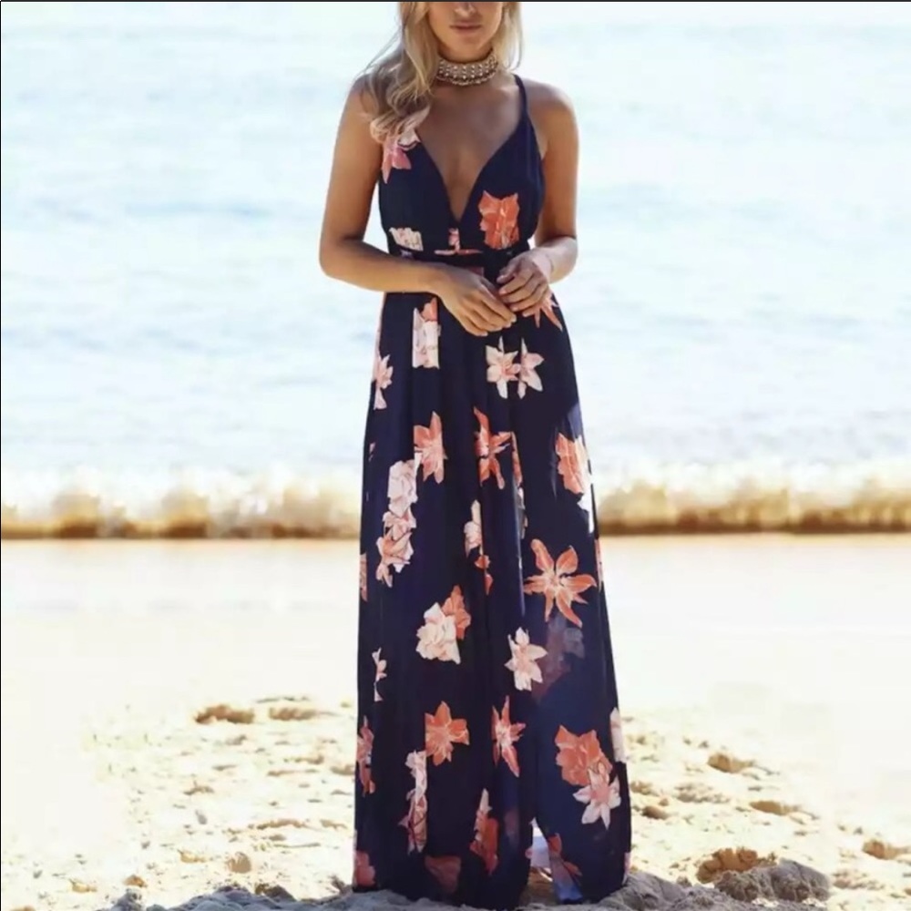 NEW Sleeveless Floral Print Slit Maxi Dress